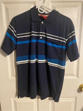 EUC Men’s Lada Polo Striped Golf Shirt Sz M Navy Blue White Striped!